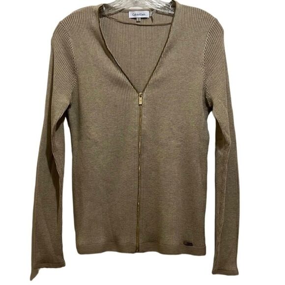 Calvin Klein sweater ribbed knit tan gold hardware zipper Medium - Picture 1 of 6